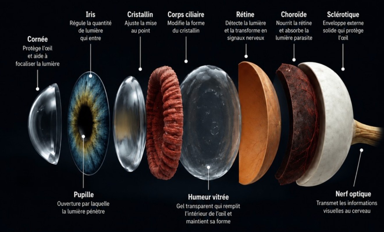 Vue éclatée de l'œil humain : cornée, pupille, iris, cristallin, corps ciliaire, humeur vitrée, rétine, choroïde, sclérotique et nerf optique, chaque structure isolée avec sa fonction