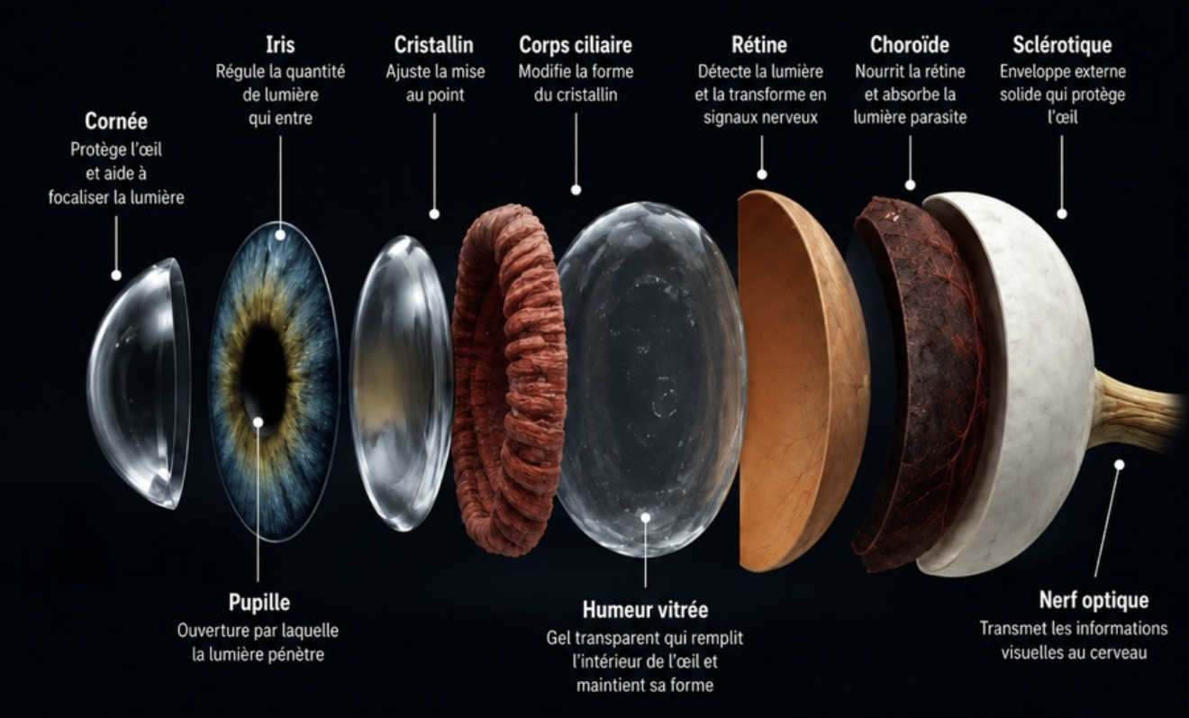 Vue éclatée de l'œil humain : cornée, pupille, iris, cristallin, corps ciliaire, humeur vitrée, rétine, choroïde, sclérotique et nerf optique, chaque structure isolée avec sa fonction