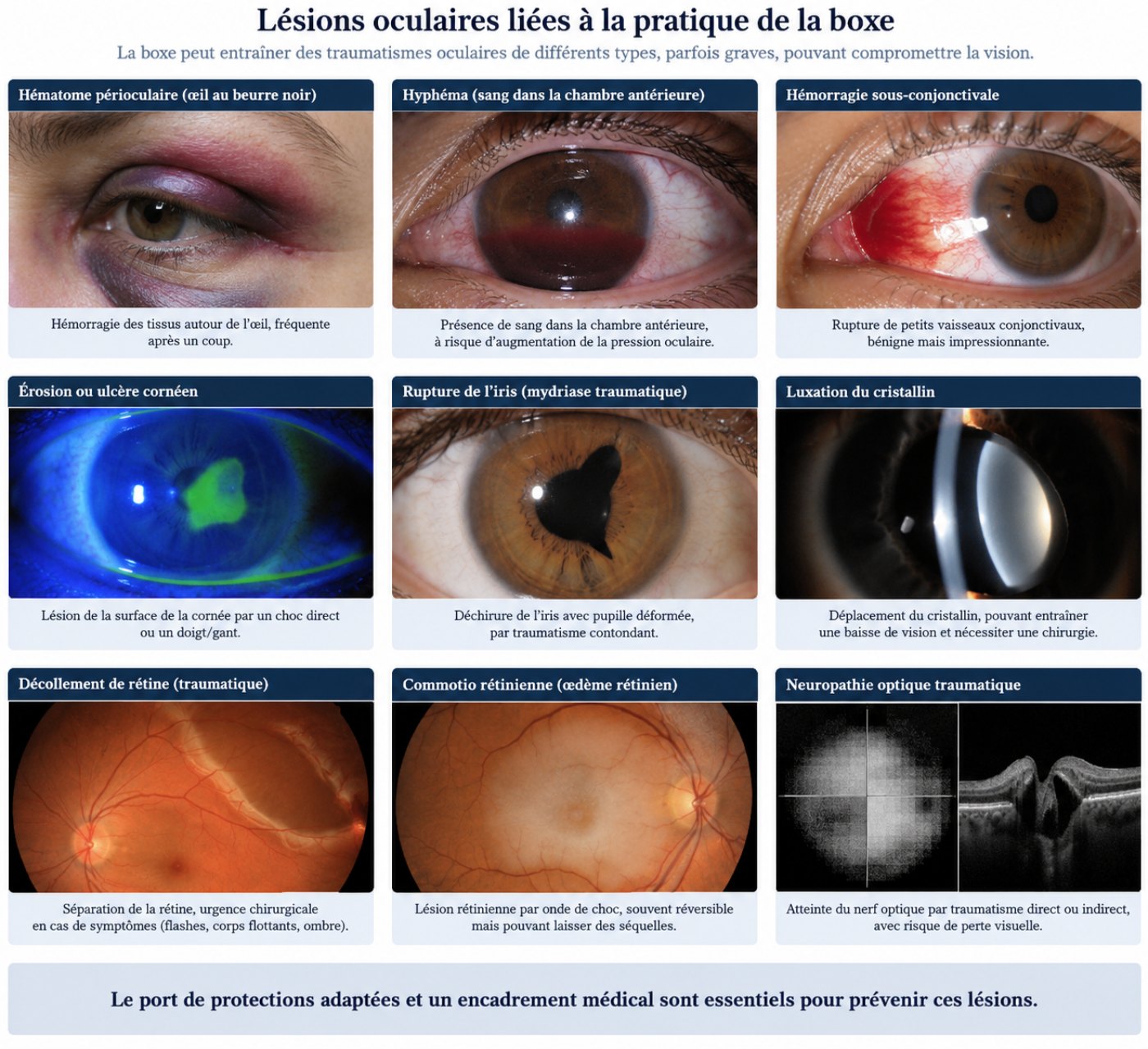Planche de neuf lésions oculaires liées à la boxe : hématome périoculaire, hyphéma, hémorragie sous-conjonctivale, érosion cornéenne, rupture de l'iris, luxation du cristallin, décollement de rétine, commotio retinae, neuropathie optique traumatique