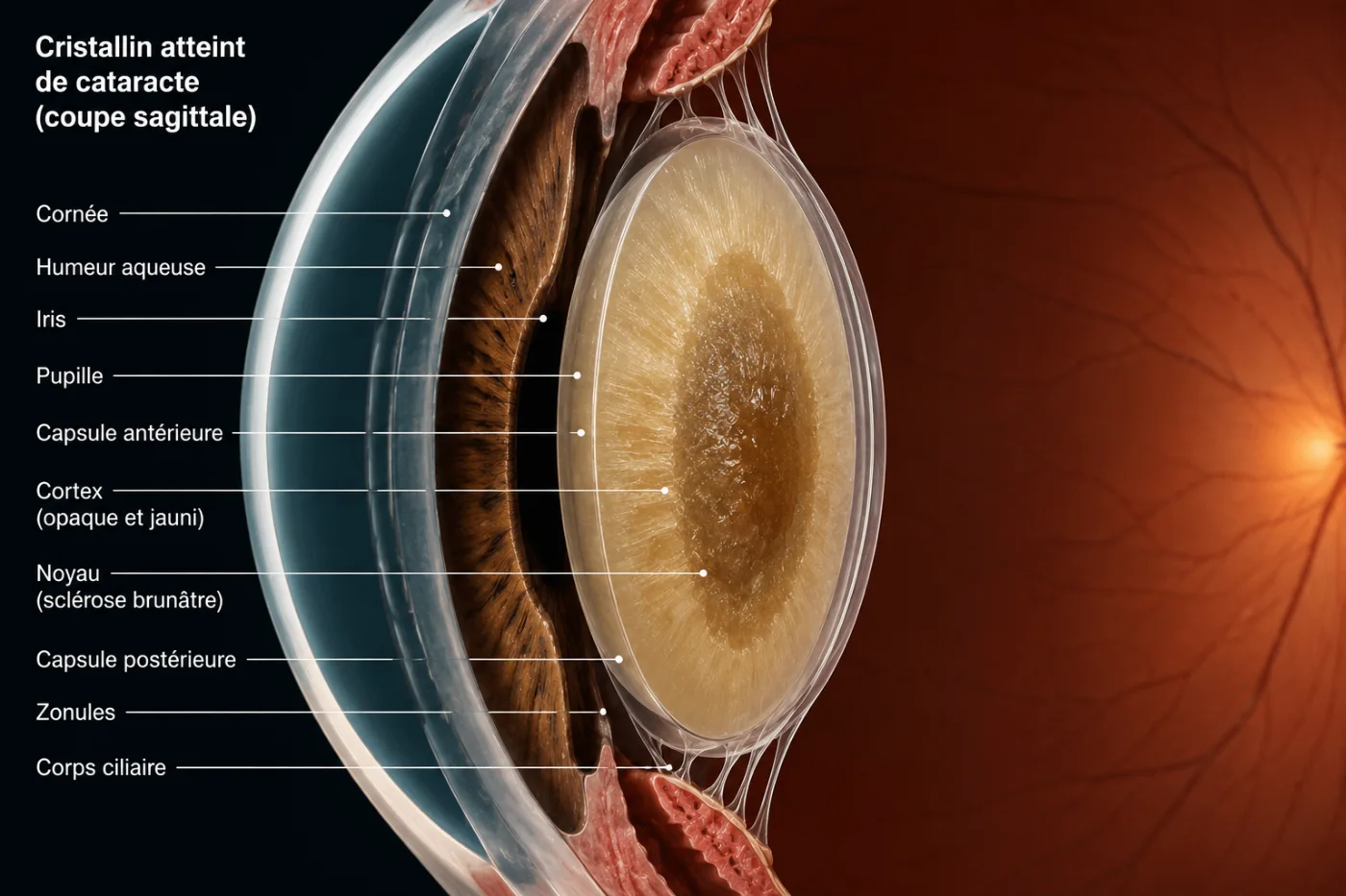 Coupe sagittale d'un œil atteint de cataracte, légendée : cornée, humeur aqueuse, iris, pupille, capsules, cortex opaque et jauni, noyau bruni (sclérose), zonules, corps ciliaire