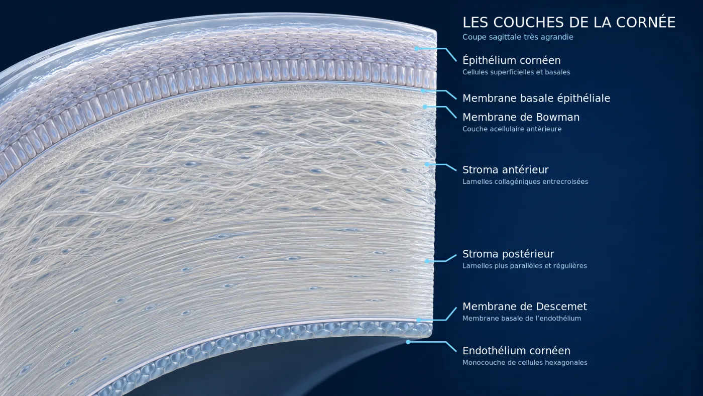 Les couches de la cornée — coupe sagittale très agrandie : épithélium cornéen, membrane basale, membrane de Bowman, stroma antérieur et postérieur, membrane de Descemet, endothélium cornéen