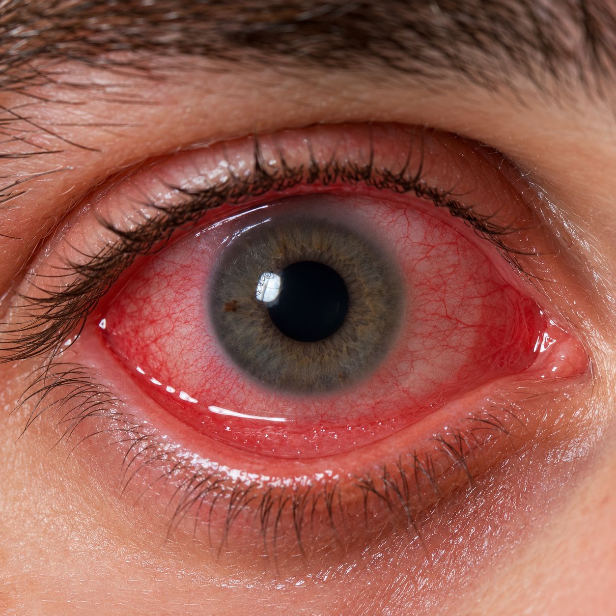 Œil rouge de conjonctivite virale : conjonctive intensément injectée, larmoiement