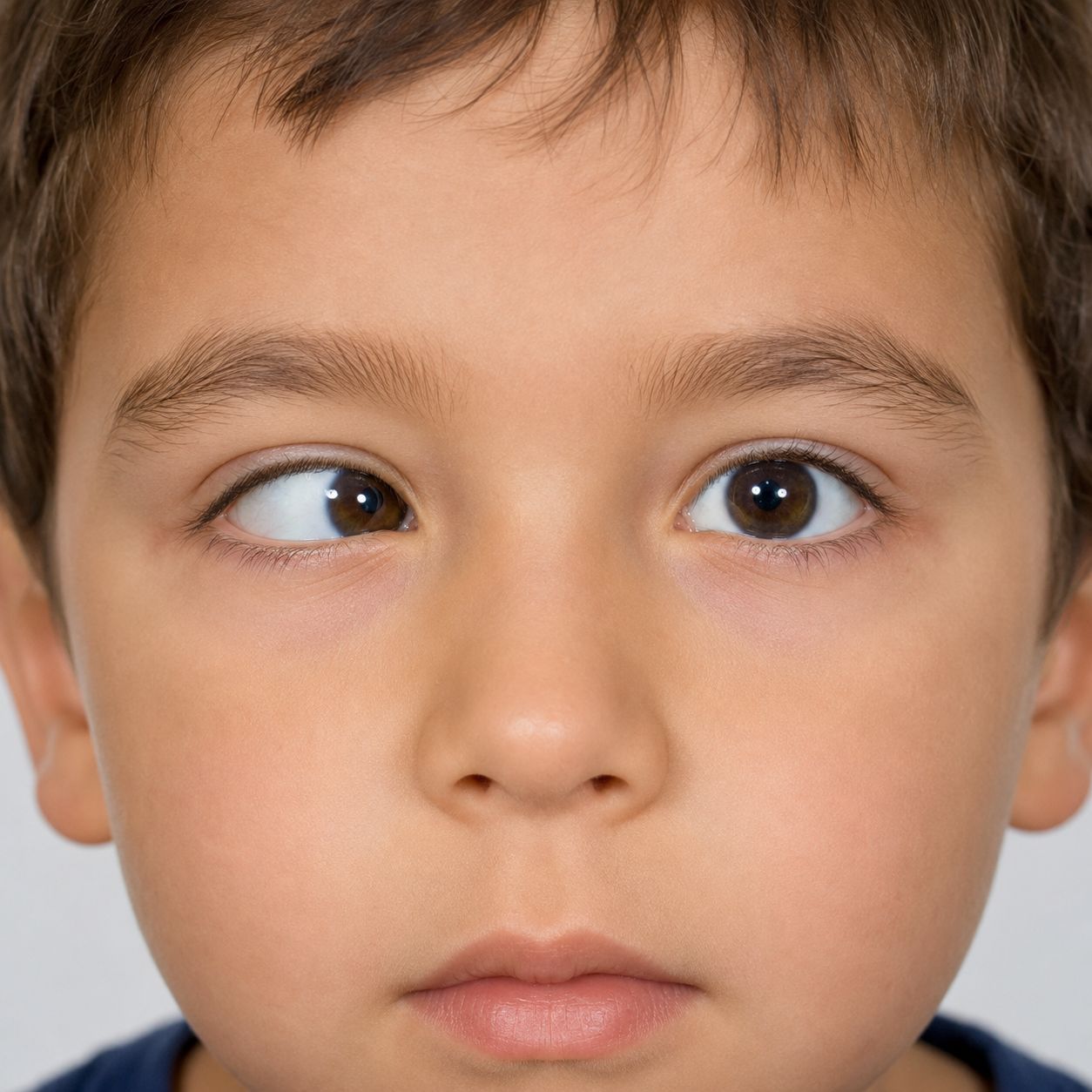 Enfant présentant un strabisme convergent : un œil fixe droit devant, l'autre dévie vers le nez
