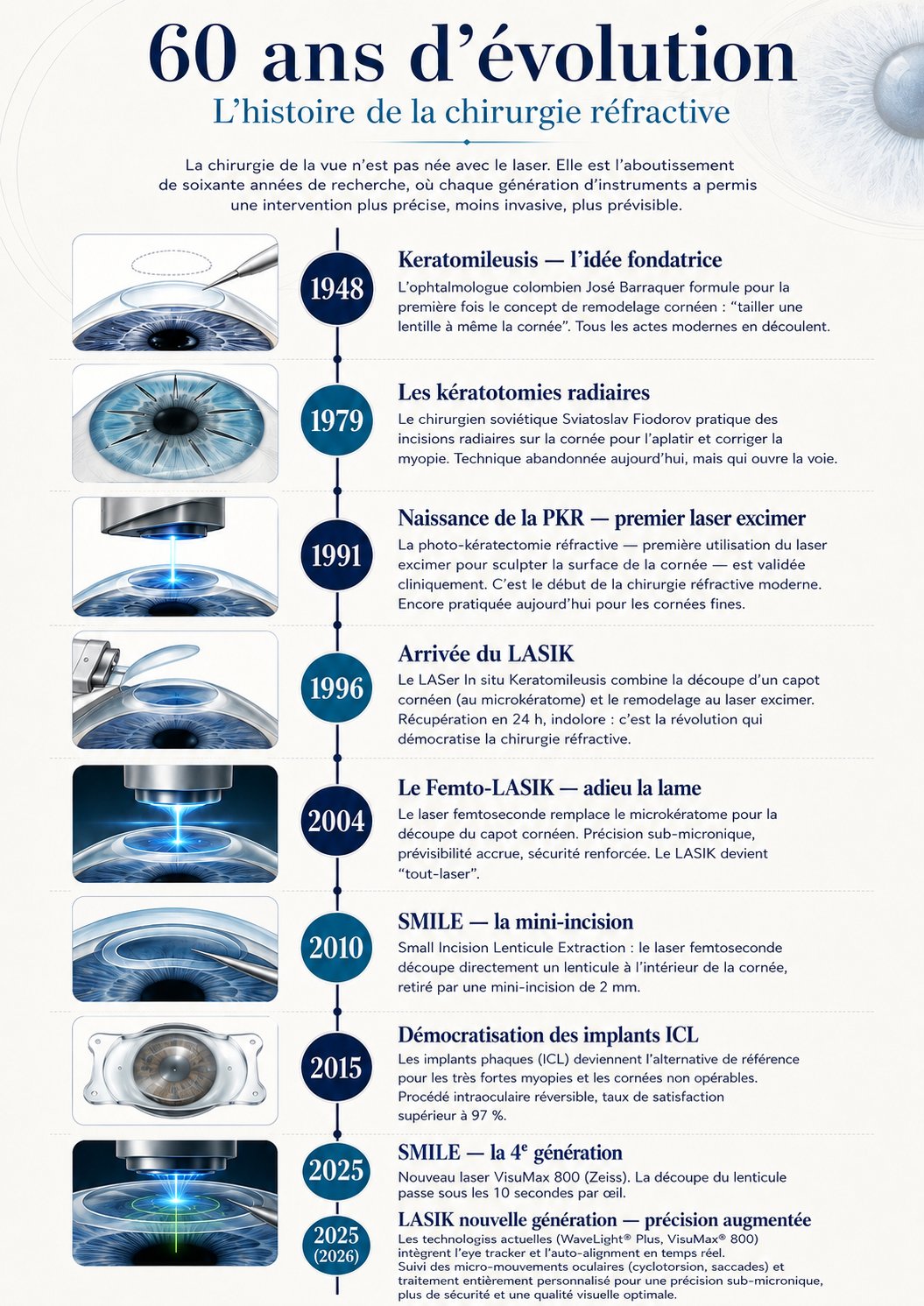 Infographie — 60 ans d'évolution de la chirurgie réfractive : keratomileusis de Barraquer (1948), kératotomies radiaires (1979), PKR (1991), LASIK (1996), Femto-LASIK (2004), SMILE (2010), implants ICL (2015), lasers de dernière génération