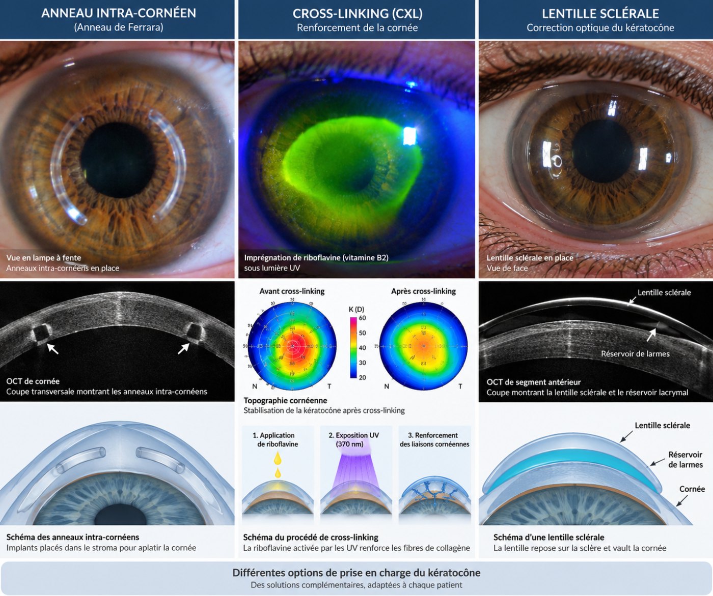 Trois options de prise en charge du kératocône : anneaux intra-cornéens (vue à la lampe à fente, coupe OCT, schéma), cross-linking (imprégnation de riboflavine sous UV, topographie avant et après, schéma en trois étapes) et lentille sclérale (vue de face, coupe OCT avec le réservoir de larmes, schéma)