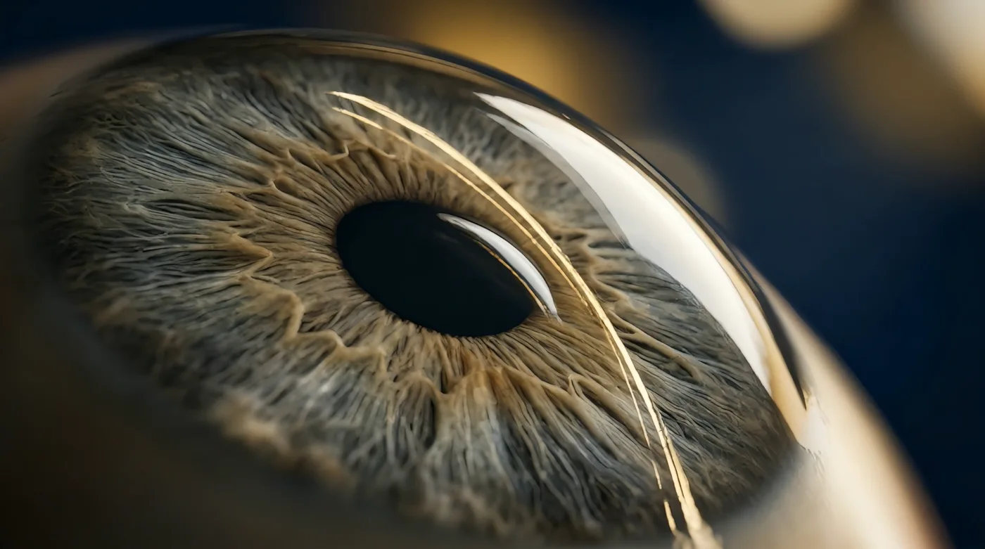Vue rapprochée d'un œil : le dôme transparent de la cornée recouvre l'iris — c'est cette lentille naturelle que la chirurgie réfractive remodèle
