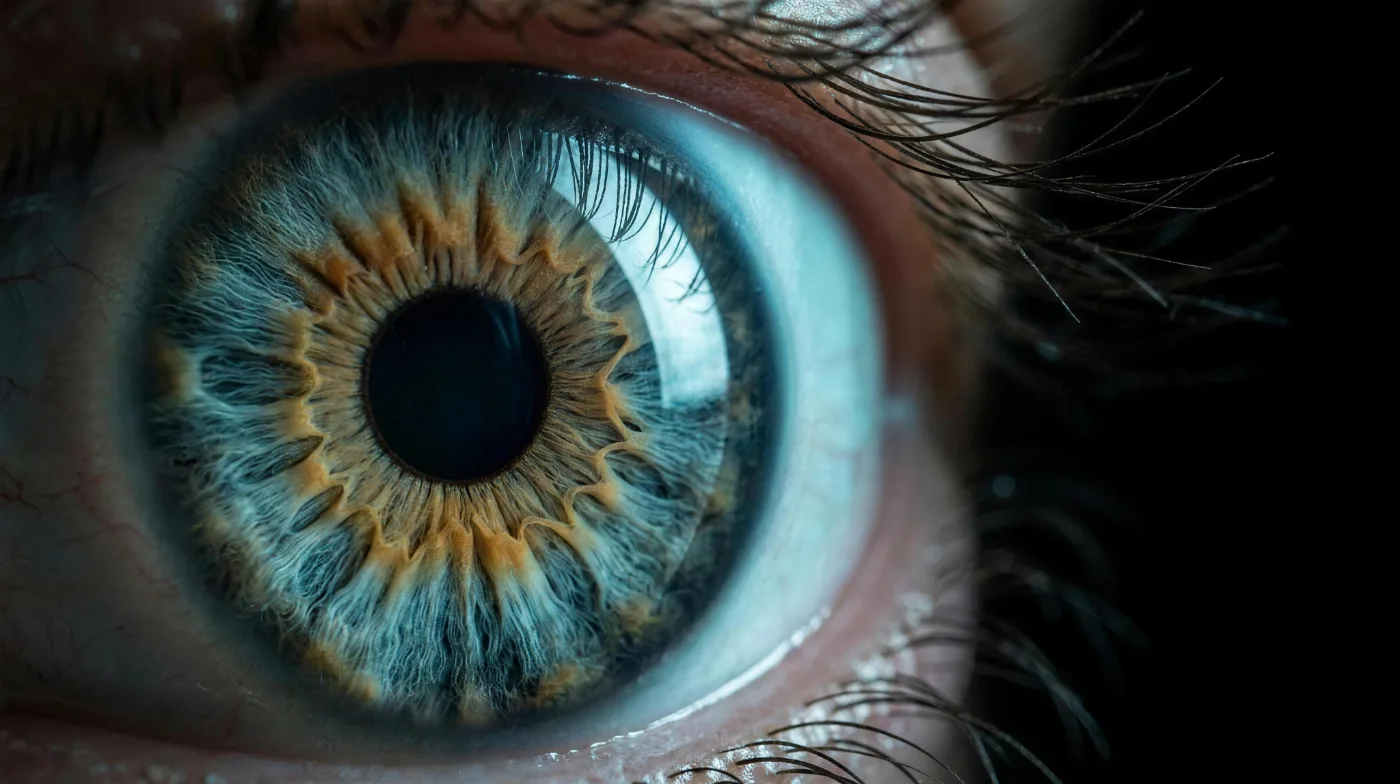 Macro-photographie d'un œil humain : l'iris bleu et sa trame de fibres, la pupille noire et le reflet de la cornée transparente