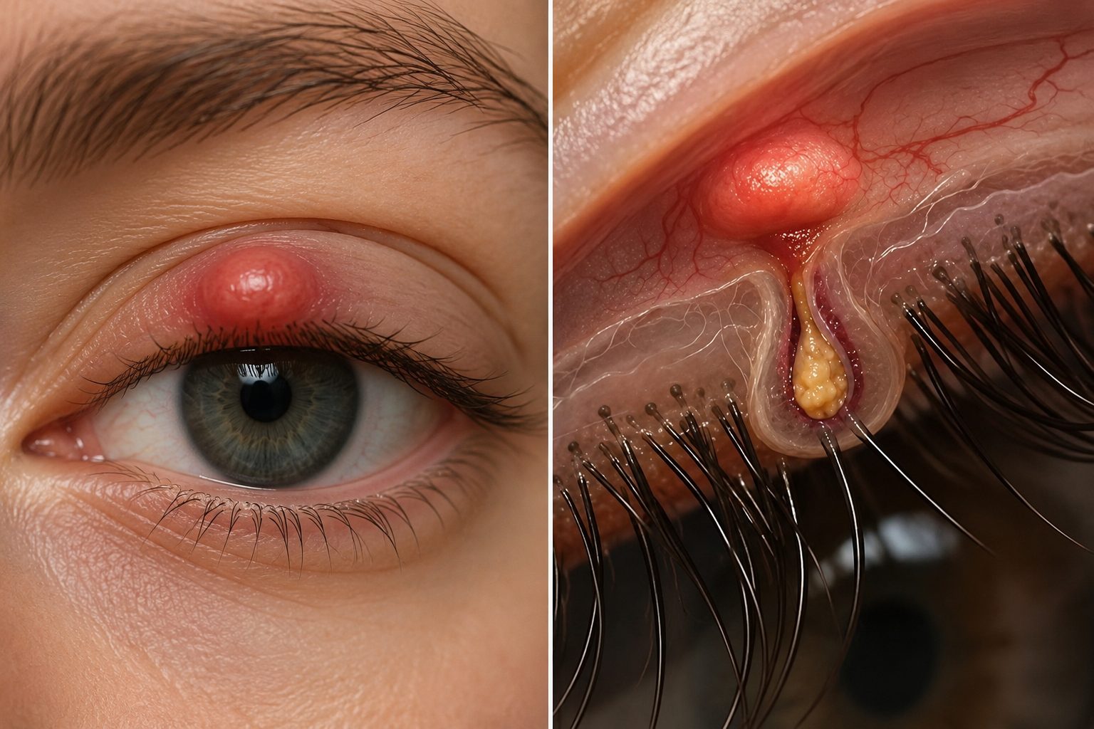 Chalazion : à gauche une tuméfaction ferme de la paupière, à droite la glande de Meibomius obstruée où s'accumule le contenu gras