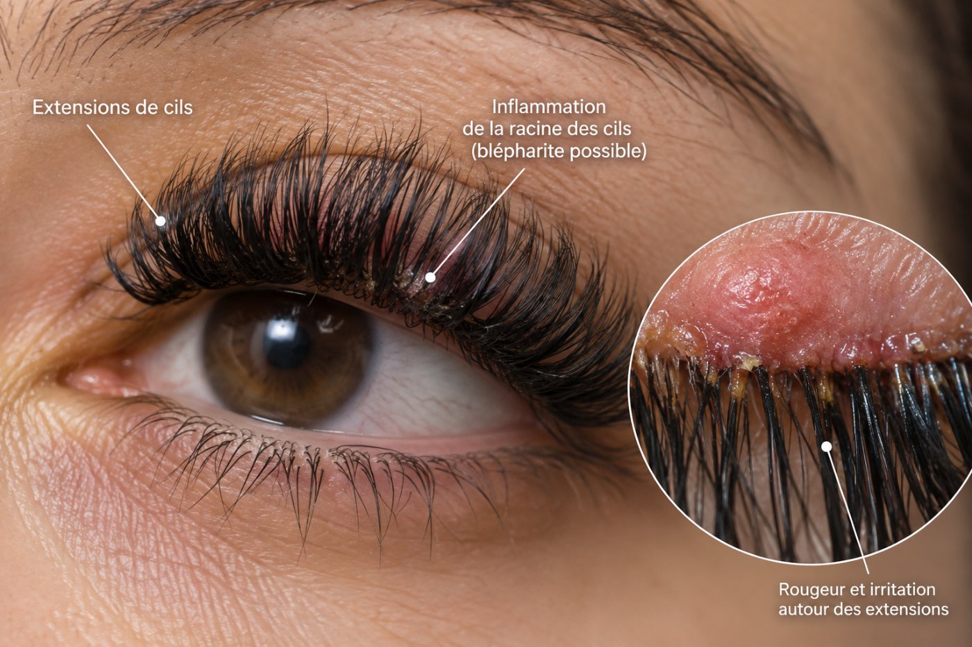 Extensions de cils avec inflammation de la racine des cils : bord de paupière rouge et irrité, dépôts autour des extensions
