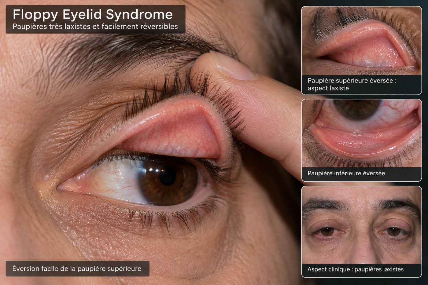 Floppy Eyelid Syndrome : paupière supérieure très laxiste qui s'éverse facilement sous le doigt, conjonctive palpébrale rouge ; vignettes de la paupière supérieure et inférieure éversées et d'un visage aux paupières laxistes