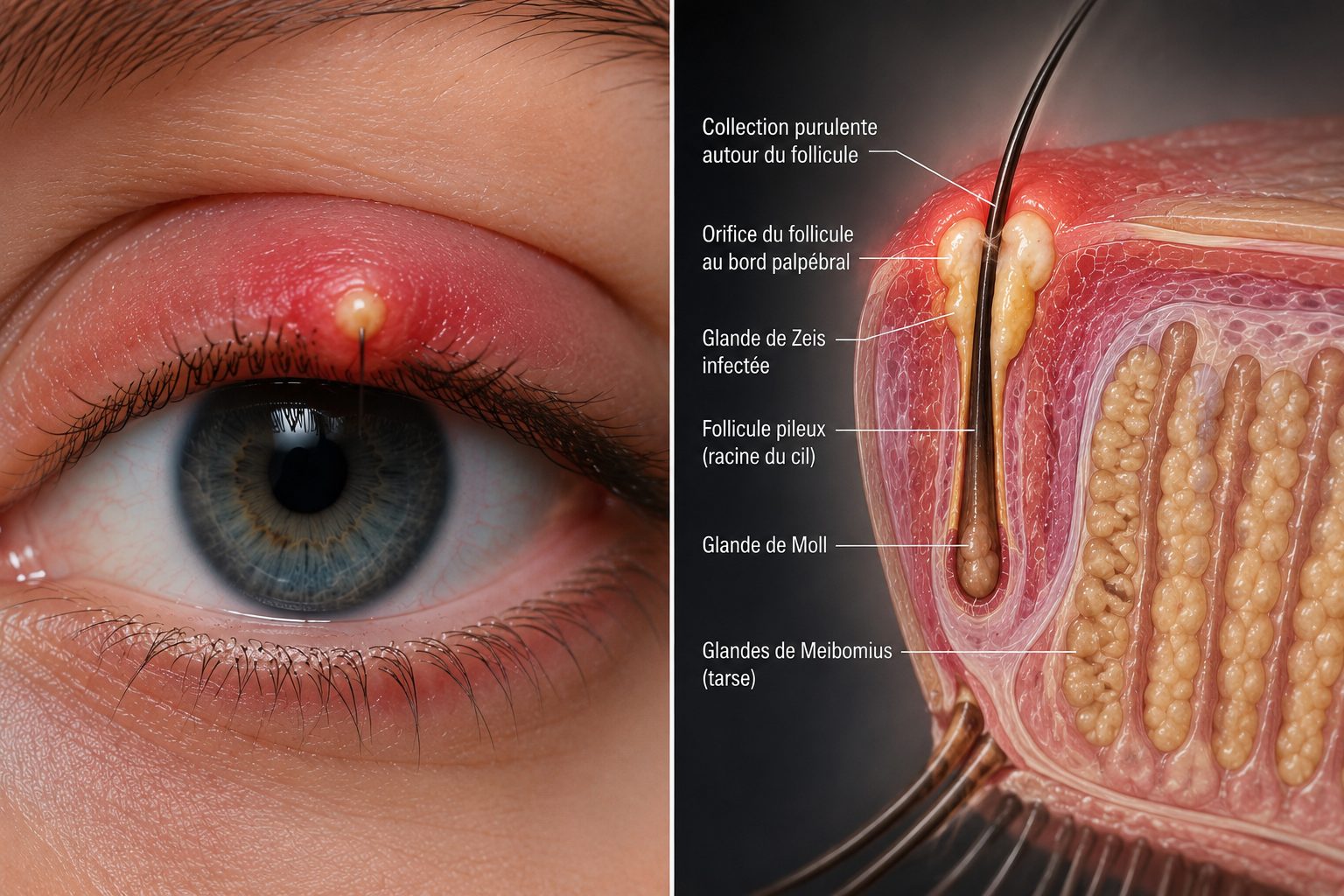 Orgelet : à gauche le bouton rouge avec point de pus au bord des cils, à droite l'infection de la glande de Zeis autour du follicule du cil