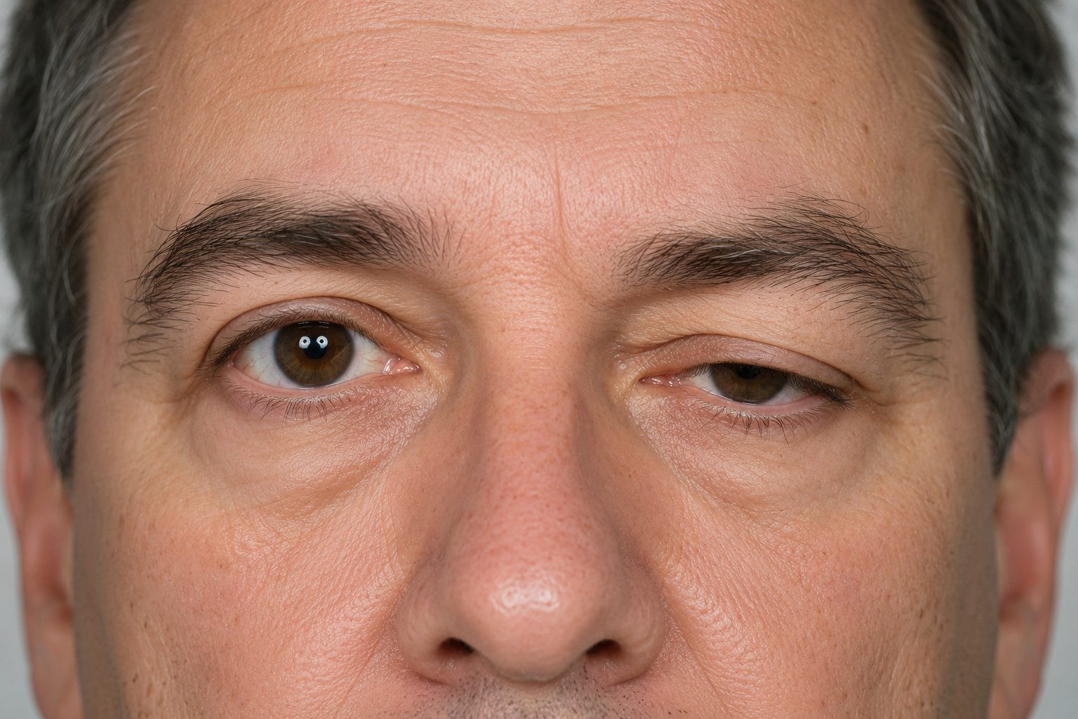 Ptosis : la paupière supérieure d'un œil descend nettement plus que l'autre et couvre une partie de la pupille