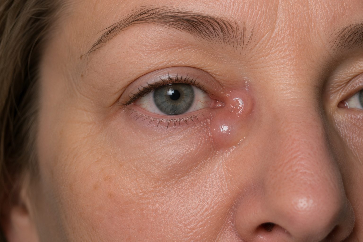Tuméfaction à l'angle interne de l'œil près du nez, correspondant au sac lacrymal gonflé par une obstruction des voies lacrymales