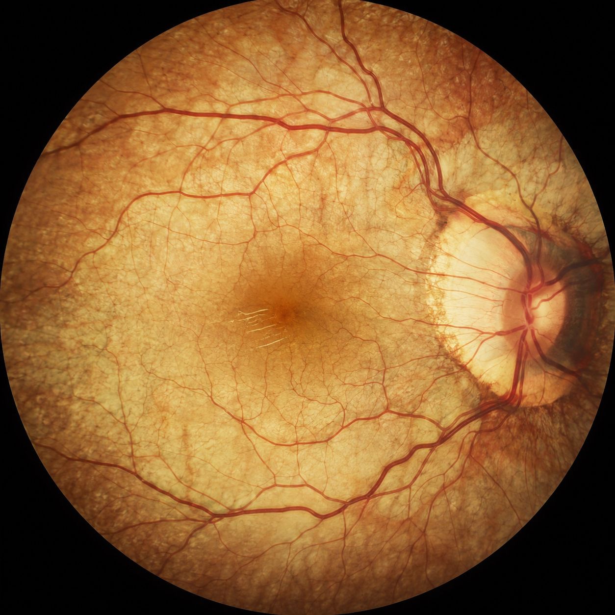 Fond d'œil d'un myope fort : rétine pâle et amincie laissant voir les vaisseaux de la choroïde (aspect tigré), avec un croissant d'atrophie autour de la papille