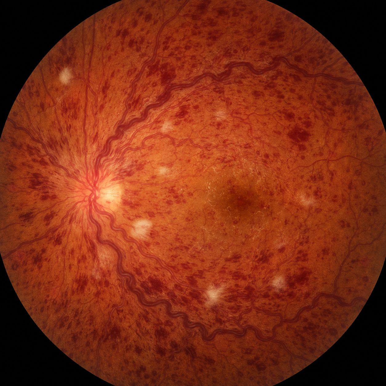 Fond d'œil : occlusion de la veine centrale de la rétine, avec veines dilatées et tortueuses, hémorragies disséminées dans tous les secteurs et nodules cotonneux