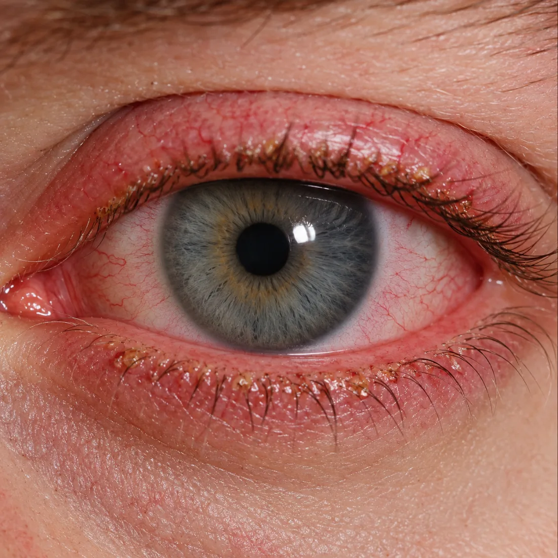 Rosacée oculaire : bord des paupières rouge et inflammé, avec des croûtes à la base des cils (blépharite)