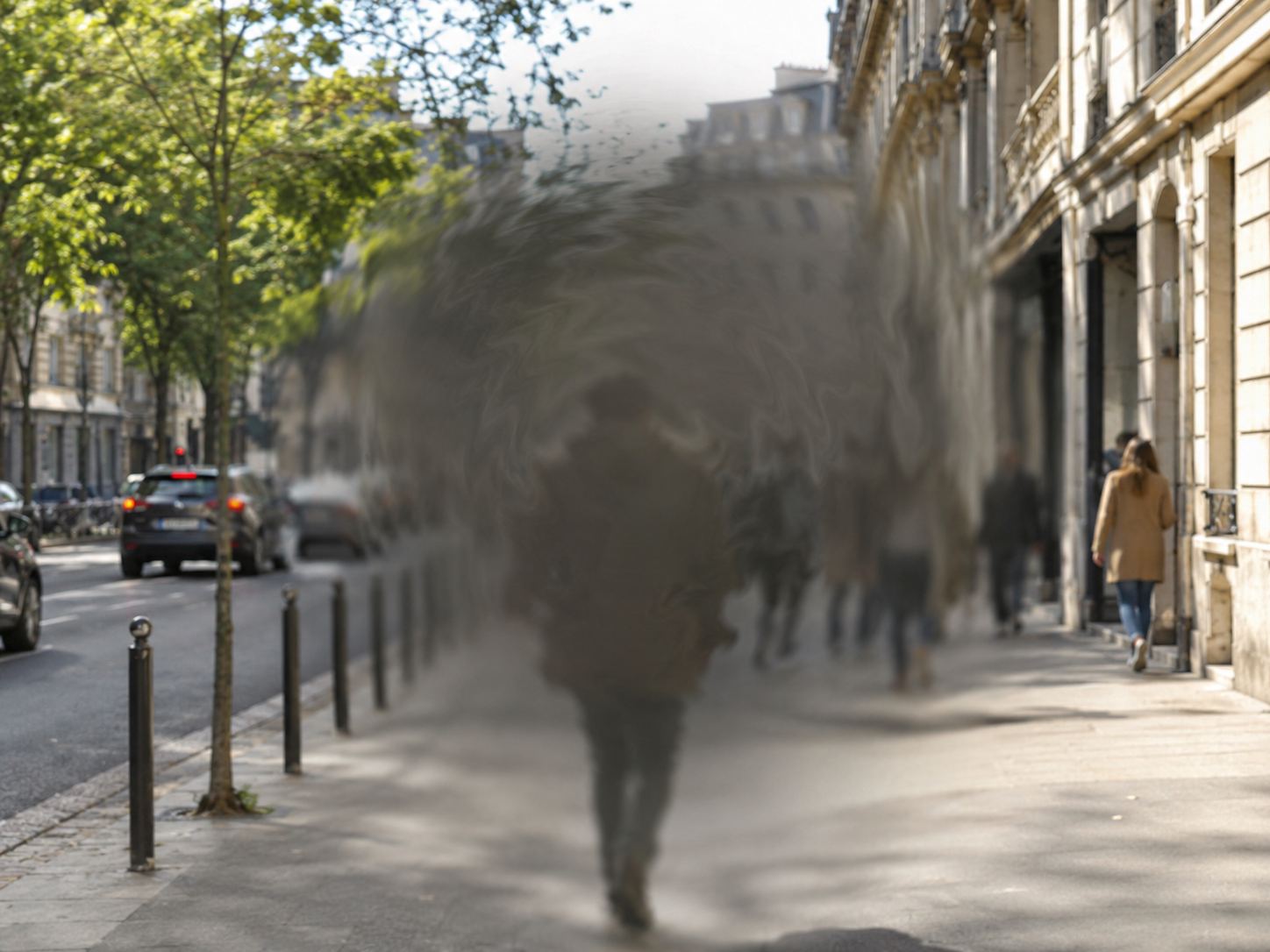 Simulation de la vision d'un patient atteint de DMLA : tache sombre centrale masquant le centre de la scène, périphérie conservée