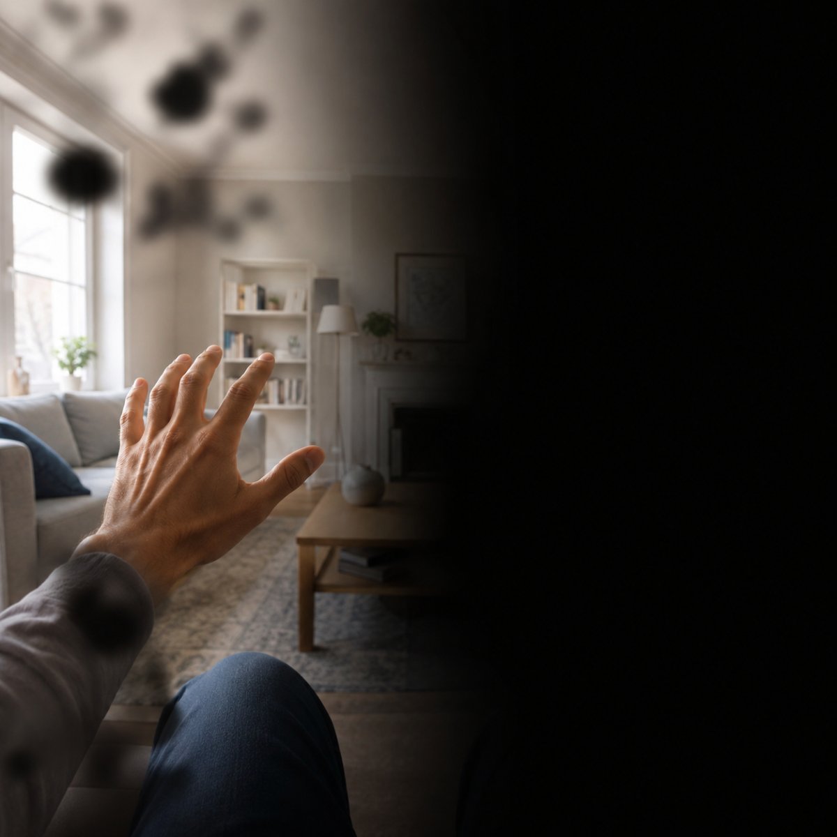 Simulation d'une hémianopsie pendant un AVC : la moitié droite du champ visuel est noire, la main tendue devant un salon dont seule la moitié gauche reste visible