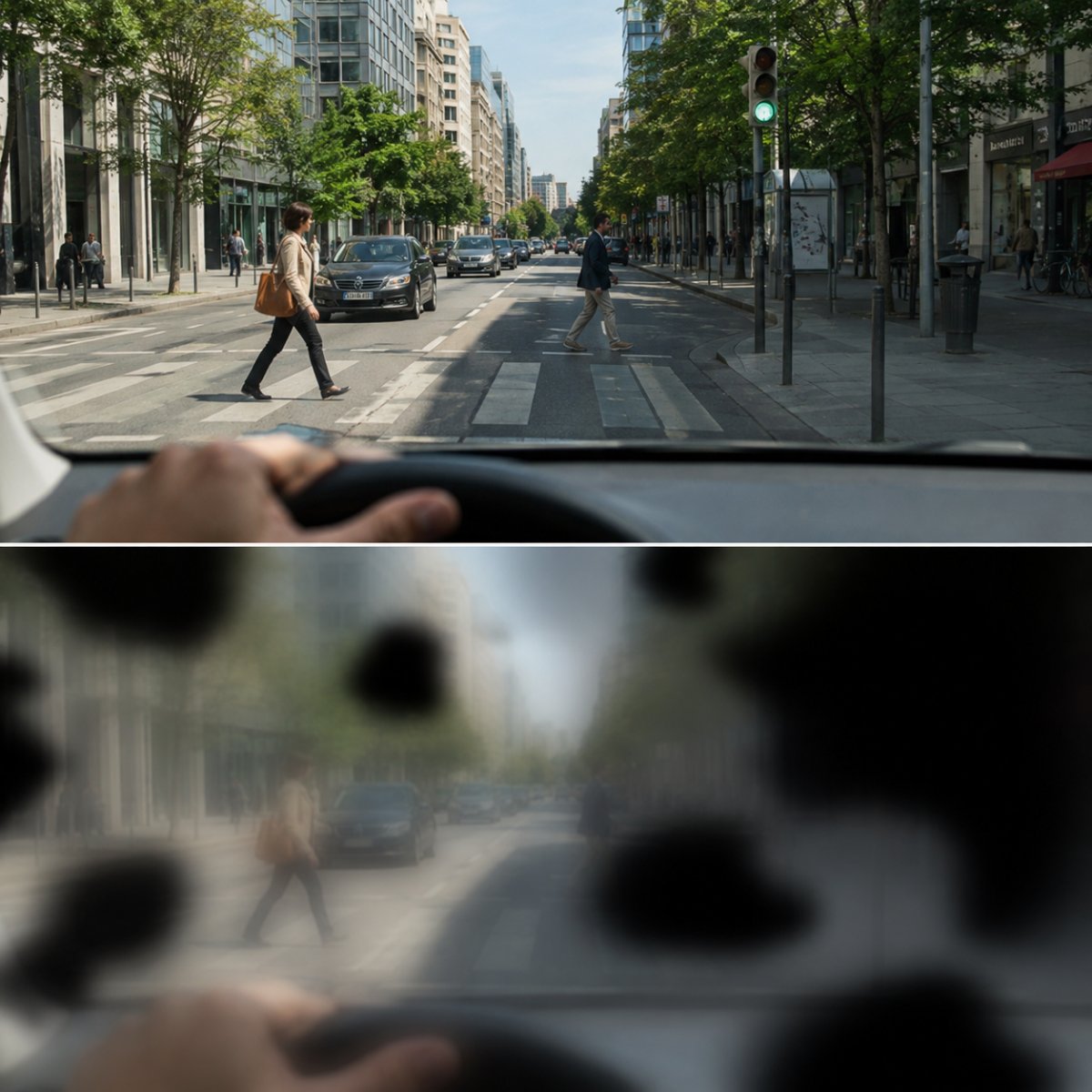 Comparaison de la même rue vue au volant : en haut vision normale, en bas un voile sombre couvre la vision d'un œil pendant une cécité monoculaire transitoire