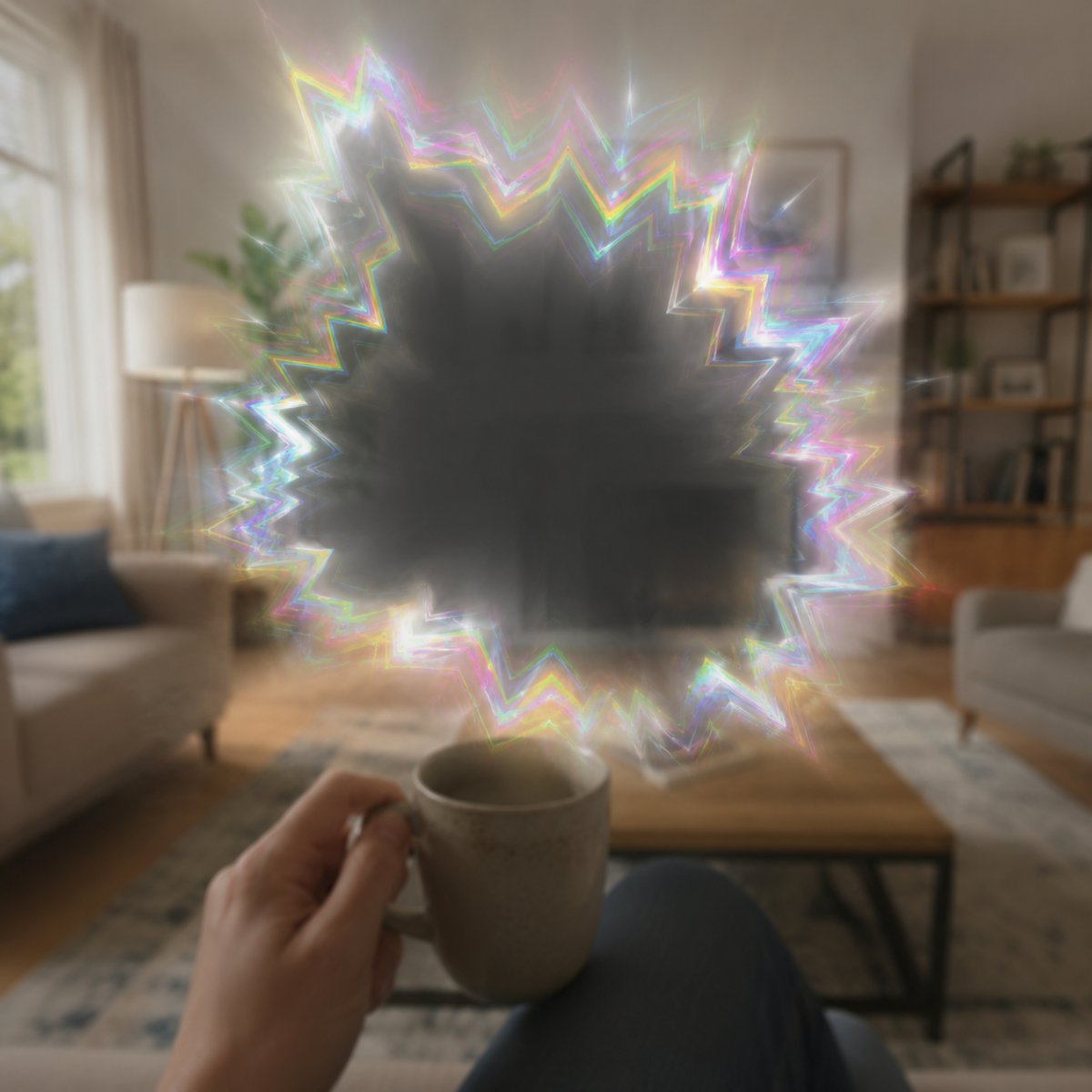 Simulation d'une aura migraineuse : arc de zigzags lumineux multicolores et scintillants entourant une zone centrale sombre et floue, dans un salon