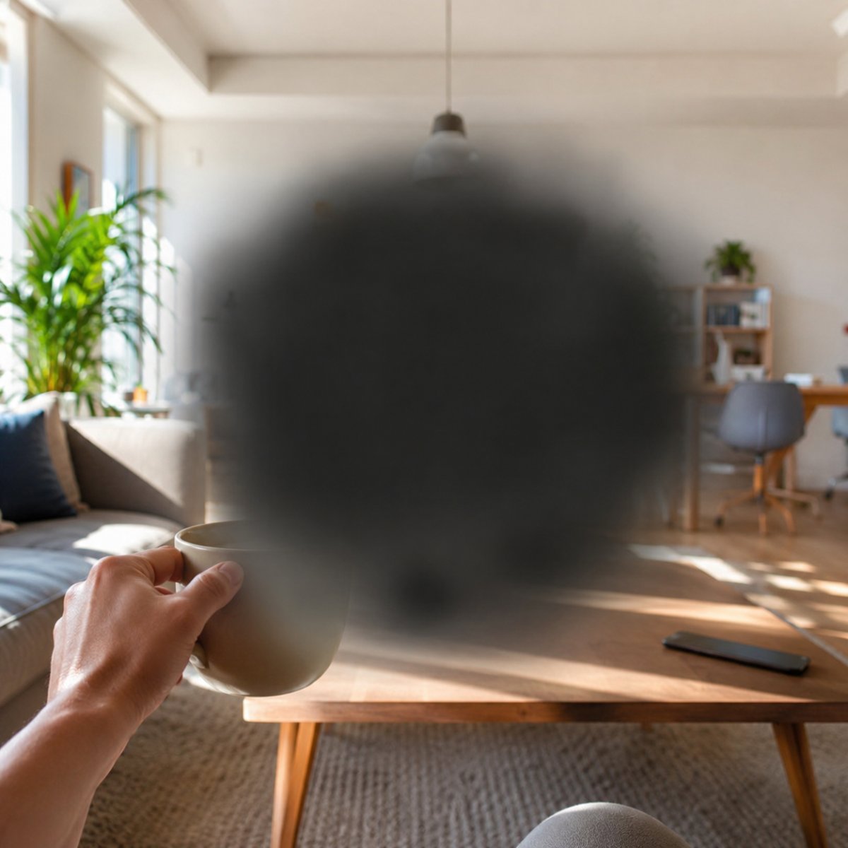 Simulation d'un scotome central : une large tache sombre et floue masque le centre d'un salon, la périphérie reste nette