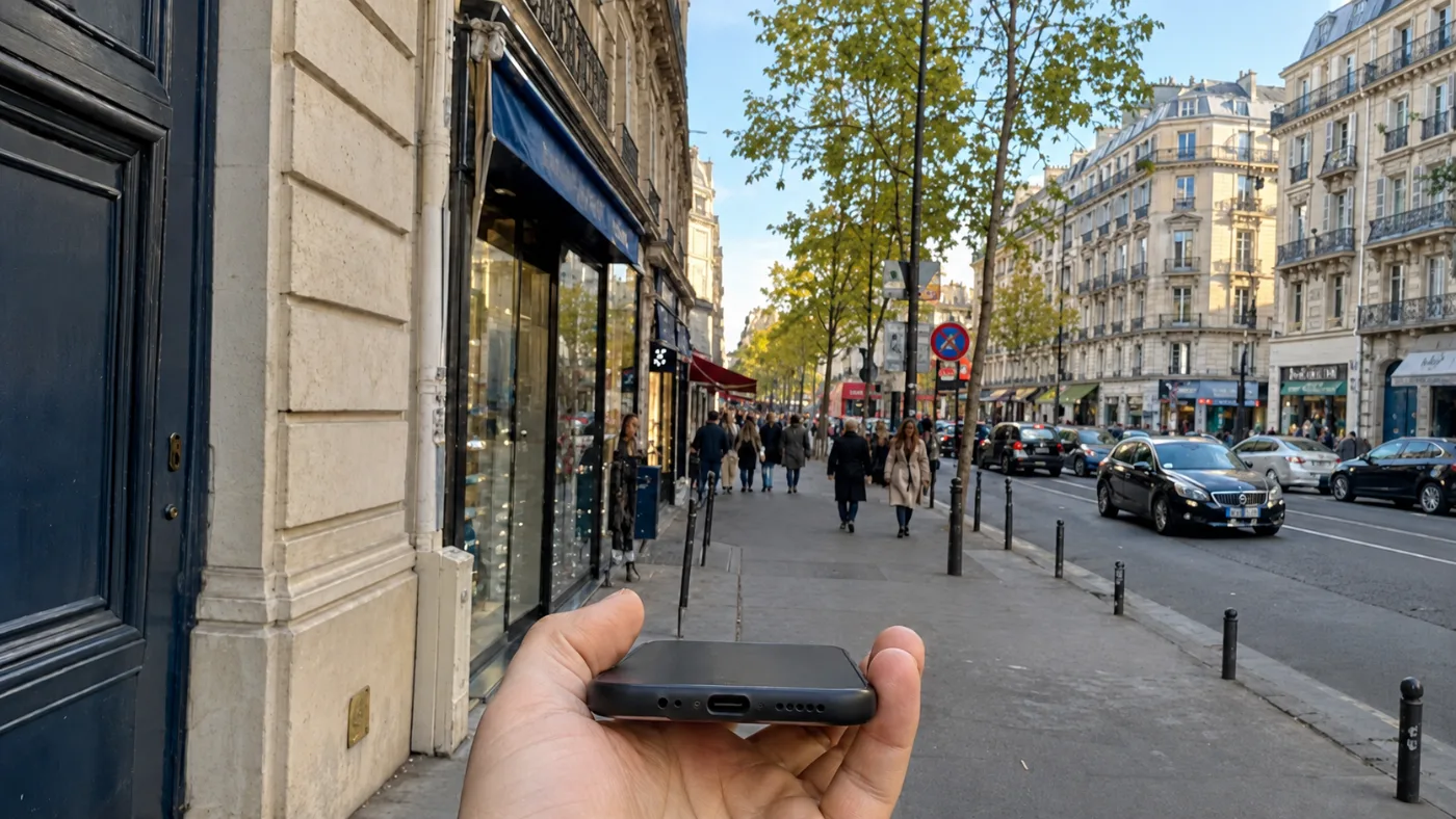 Rue parisienne parfaitement nette : vision emmétrope de référence, nette de près comme de loin