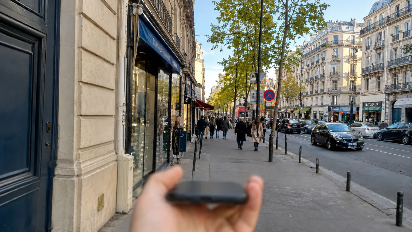 Simulation d'une hypermétropie à +3,00 dioptries : la rue au loin reste nette, le téléphone tenu en main est flou