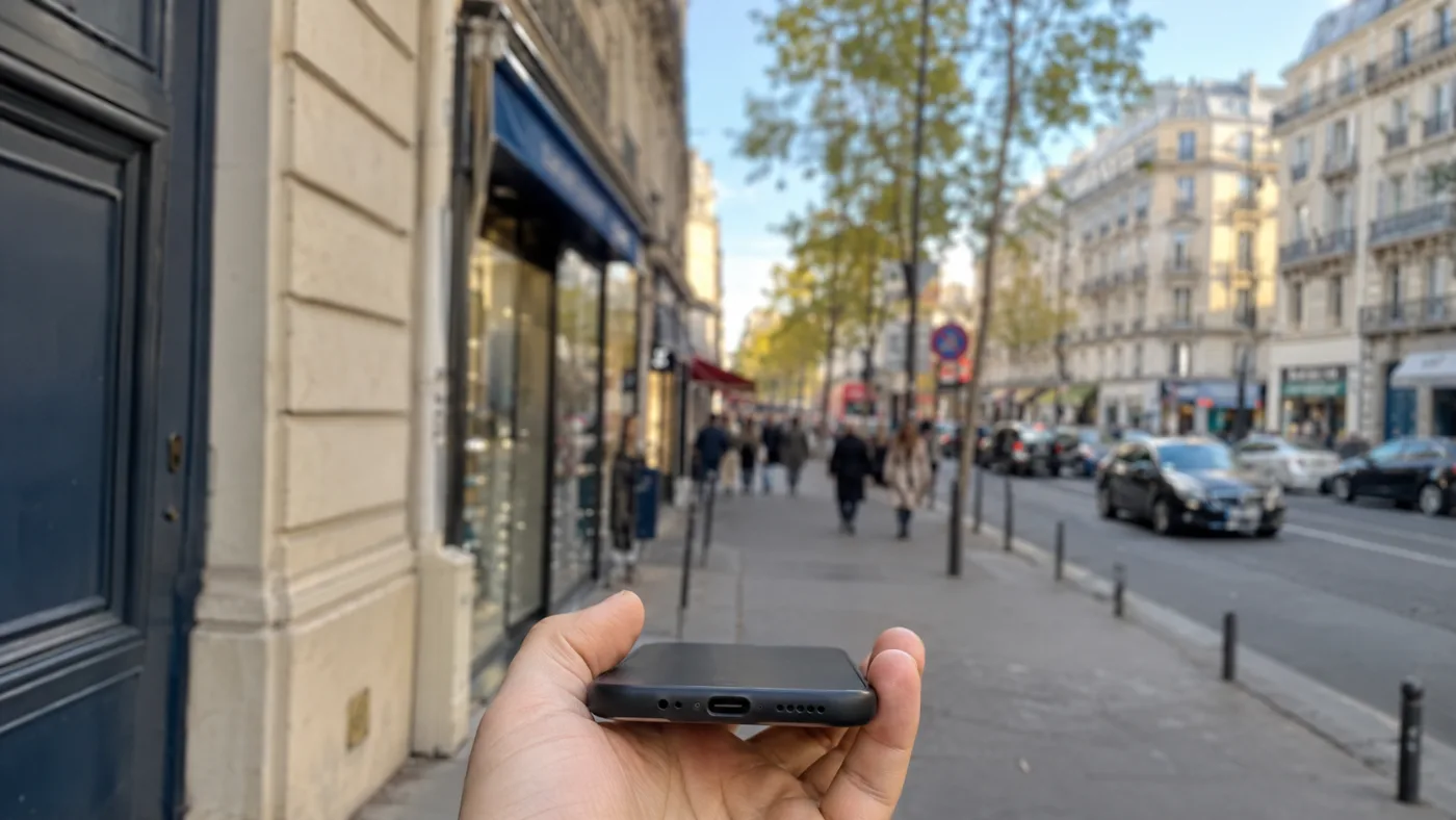 Simulation d'une myopie légère : le téléphone tenu en main est net, la rue au loin est floue