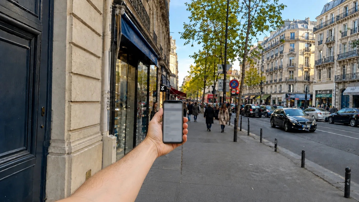 Simulation de la presbytie : bras tendu pour éloigner le téléphone, dont l'écran reste flou, tandis que la rue est nette
